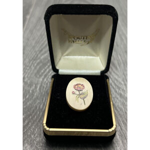 Hand Painted Floral Oval Brooch Pin Signed 7 Gold Tone Back Spouting Whale Box